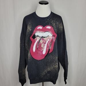 Designer-Ish Rolling Stones Black Sequin Shiny Lip Acid Wash Sweatshirt NEW XL
